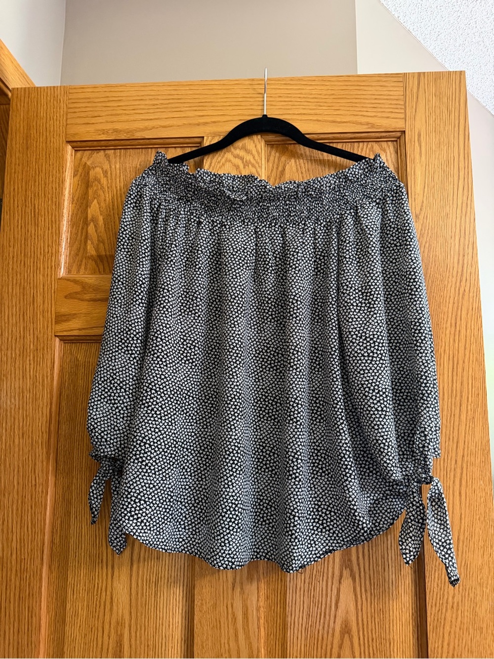 Michael Kors Black and White Smocked Off-Shoulder Blouse